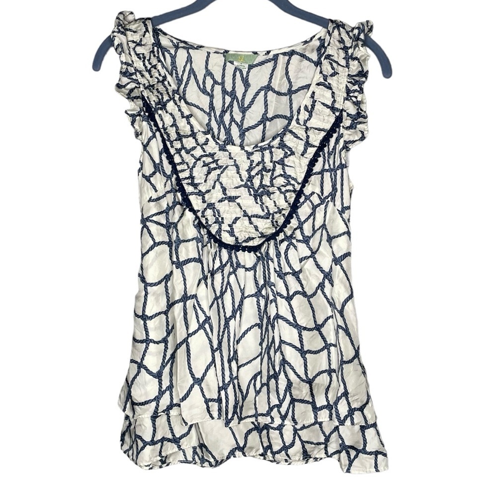 Anthropologie White and Navy Rope-Print Ruffle Tank Top